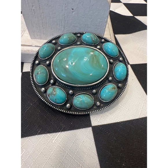Other - Vintage Western Faux Turquoise Silver Tone Oval Belt Buckle cowboy Boho